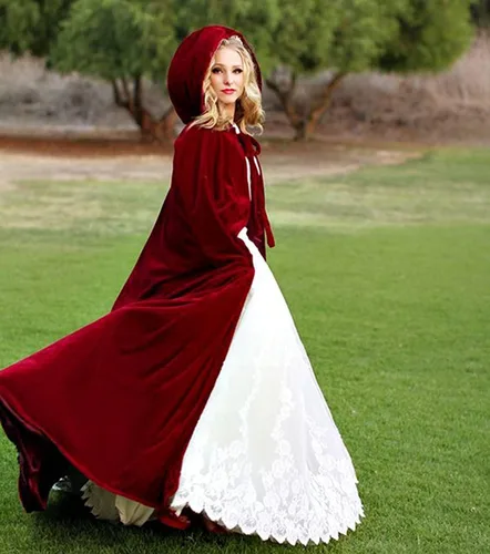 Vista 2 de Borgoña - Elegante capa de terciopelo con capucha para mujer, capa larga de invierno