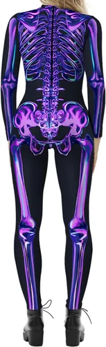 Vista 4 de Disfraz de esqueleto de calavera para mujer, overol de una pieza para Halloween 3D printed skull skeleton robot costume, Back zipper closure