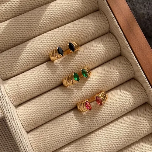 Vista 9 de Anillo trenzado de acero inoxidable chapado en oro vintage con circonita cúbica ovalada, ajustable, para mujer