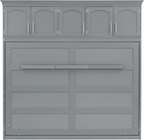 Vista 4 de MERITLINE Cama de pecho Murphy horizontal completa, armario de cama plegable de madera gris Murphy para adultos no necesita somier
