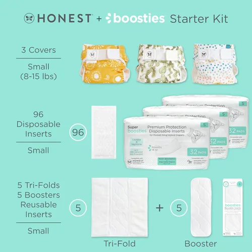 Vista 2 de Honest Hybrid - Funda para pañales de tela + insertos desechables Super Boosties de 96 unidades + insertos reutilizables, tamaño pequeño