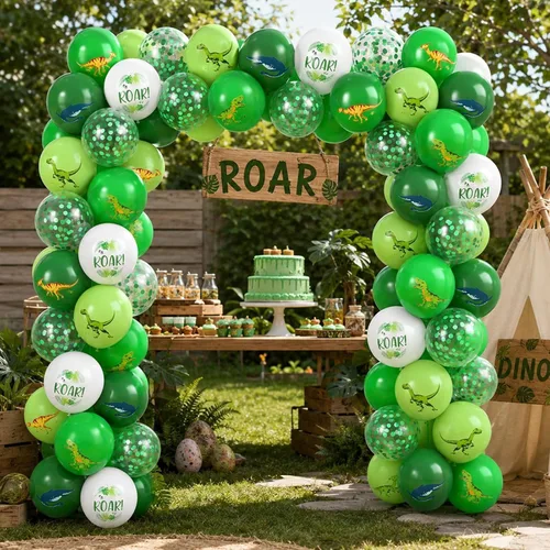 Vista 6 de Globos de dinosaurio, 12 pulgadas, decoraciones de safari en la selva para Conjunto de látex con estampado de dinosaurio verde claro y blanco