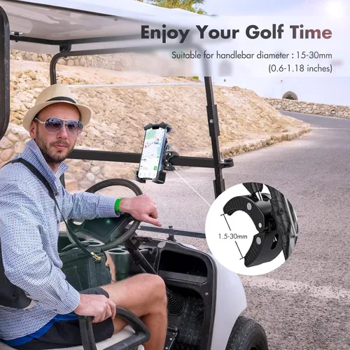 Vista 2 de Soporte universal para teléfono para carrito de golf, soporte ajustable para teléfono de bicicleta para manubrios compatible con iPhone 14, 13, 12