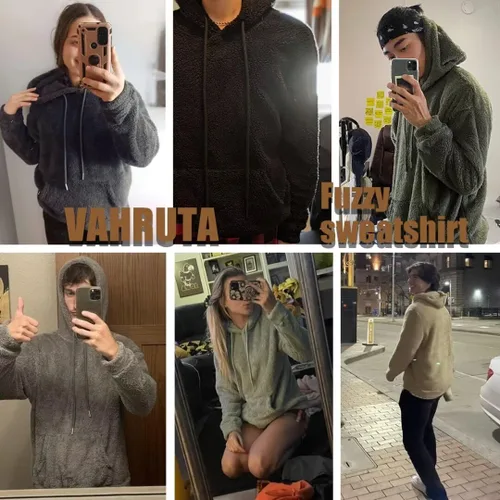 Vista 4 de Sudadera con capucha de sherpa para hombre, manga larga, a la moda, para otoño e invierno