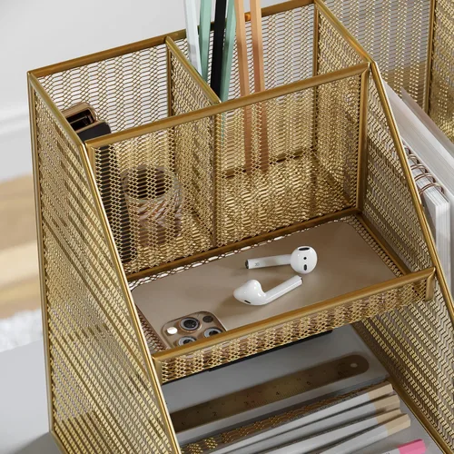Vista 5 de Martha Stewart Ryder - Organizador de escritorio grande de metal de malla dorada con soporte para archivador de revista, soporte para bolígrafos
