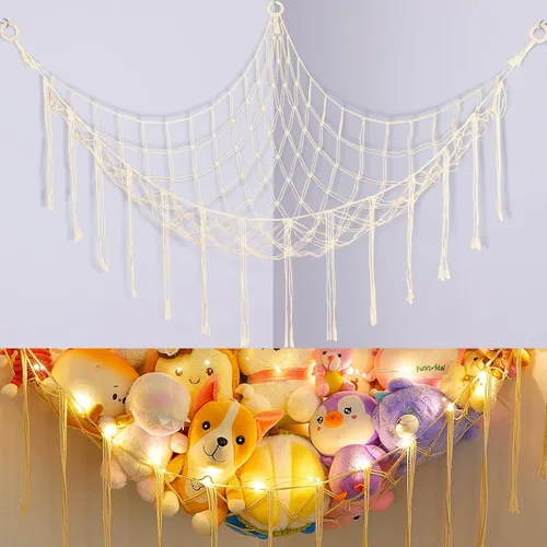 Vista 8 de Basumee Hamaca de animales de peluche con red de esquina de luz LED Crema