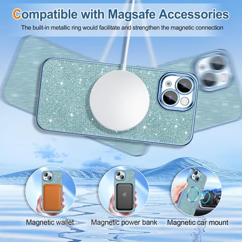 Vista 121 de Hython para iPhone 15 Plus Funda con chispas brillantes, Fundas transparentes magnéticas con protector de lente de cámara [Compatible con MagSafe]