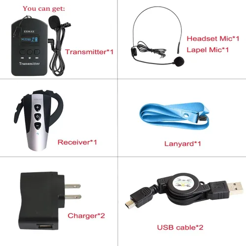 Vista 9 de EXMAX Sistema inalámbrico de guía turístico de audio 2.4G, micrófono susurro, transmisión de voz, traductor de iglesia, dispositivo de intérprete