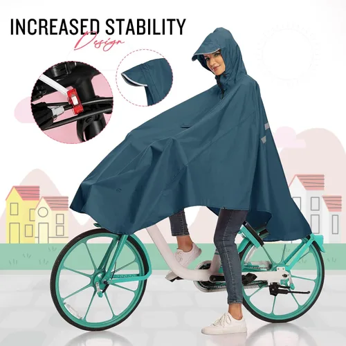 Vista 5 de SaphiRose Chaqueta ligera de ciclismo, poncho de lluvia con capucha, capa con rayas reflectantes para bicicletas (azul profundo)