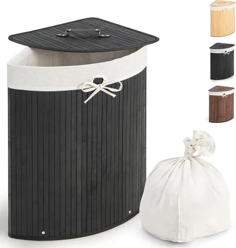 Vista 10 de GOFLAME Cesta esquinera de bambú para la ropa sucia con tapa y forro extraíble, cesta de almacenamiento con asa, adecuada para dormitorio, baño
