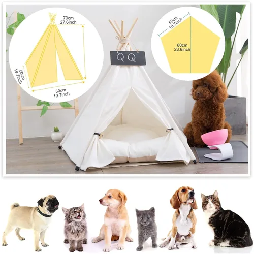 Vista 2 de Pet Teepee Tent for Dogs, Cats & Rabbits Washable Pet House with Removable Cushion & Interactive Blackboard for Puppy Indoor Dog Cat Bed