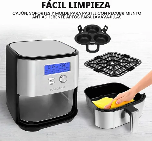 Vista 7 de Kalorik MAXX® Plus - Freidora de aire digital 7 en 1 sin aceite, pantalla LCD, 22 presets inteligentes, 5 accesorios y libro de recetas, 1750 W