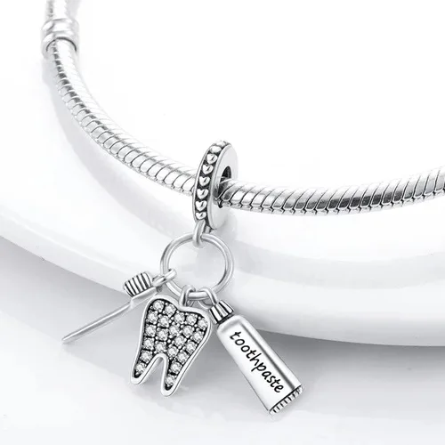 Vista 2 de Encanto colgante de cepillo de dientes sanos para pulsera, Steling Silver Charm, Diente encanto, Pandora Fit Charm, Plata esterlina, No es una