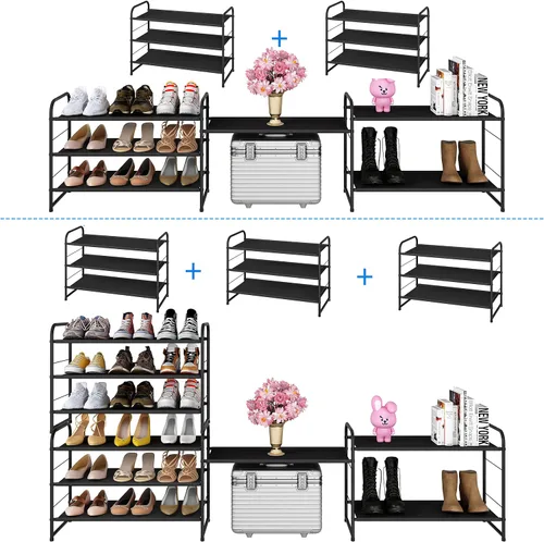 Vista 6 de Simple Trending - Zapatero apilable de 3 niveles, organizador de tela expandible y ajustable, zapatero para almacenamiento, negro