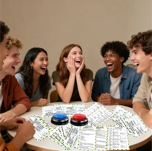 Vista 5 de Juego de Cartas Feud Familiar con 2 Timbres de Respuesta, Diversión de Noche de Juegos de Reunión Familiar Trivia para Fiestas de Reuniones