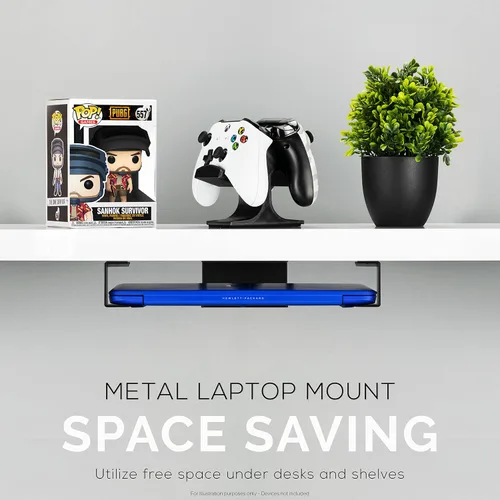 Vista 6 de Soporte para laptop debajo del escritorio para escritorio, adhesivo y atornillado, dispositivos de hasta 1.5 pulgadas de grosor como Macbooks