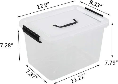 Vista 2 de Caja de plástico transparente de 10 L, contenedor de almacenamiento de plástico con tapas, paquete de 4 Clear Plastic Material, Snap Side Latches