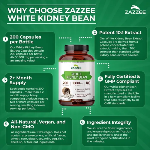 Vista 6 de Zazzee Extracto de frijol blanco 10:1, 1800 mg por porción, 200 cápsulas veganas, suministro para más de 2 meses, Phaseolus vulgaris, soporte