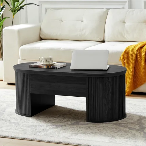 Vista 5 de QHITTY Mesa de centro con parte superior elevable, mesa auxiliar de madera ovalada acanalada con compartimento oculto, mesas centrales de mediados