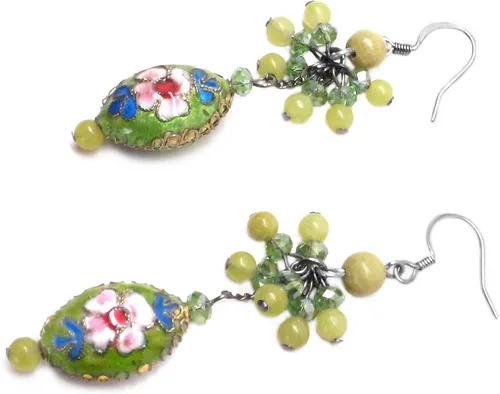 Vista 4 de Lime Green Chinese Cloisonne Enamel Cluster Drop Earrings Pierced or Clip On