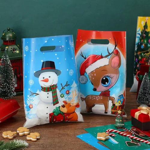 Vista 2 de Sinmoe - 200 bolsas de plástico navideñas de 9 x 12, colores mezclados Con asas, reutilizable para fiestas minoristas de caramelos, diseños