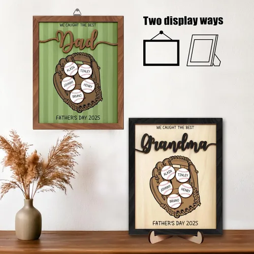 Vista 5 de Regalos personalizados de béisbol con texto en inglés «We Caught the Best Dad», regalos para el Día del Padre de parte del hijo, marco de madera