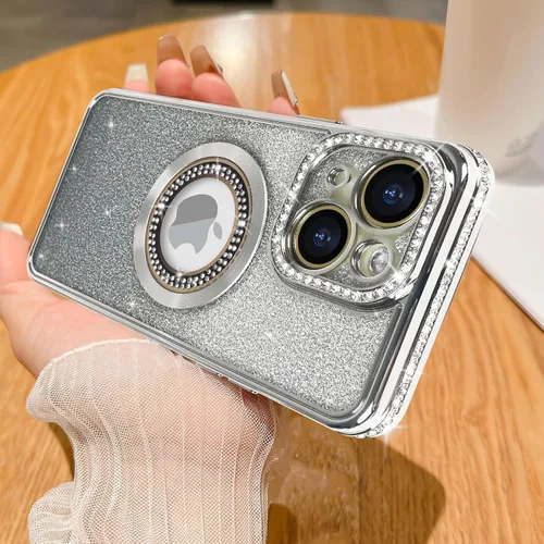 Vista 29 de Losin Funda magnética compatible con iPhone 15 Pro Max con purpurina compatible con MagSafe Funda de lujo con diamantes de imitación con logotipo