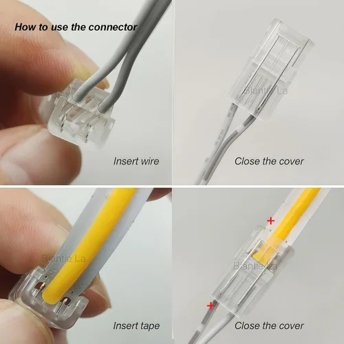 Vista 3 de Conector de Tira a Cable COB de 2 Pines de 8mm, Clips sin Cable, Adaptador sin Soldadura, Terminal de Conexión de Extensión para Tiras de Luces LED