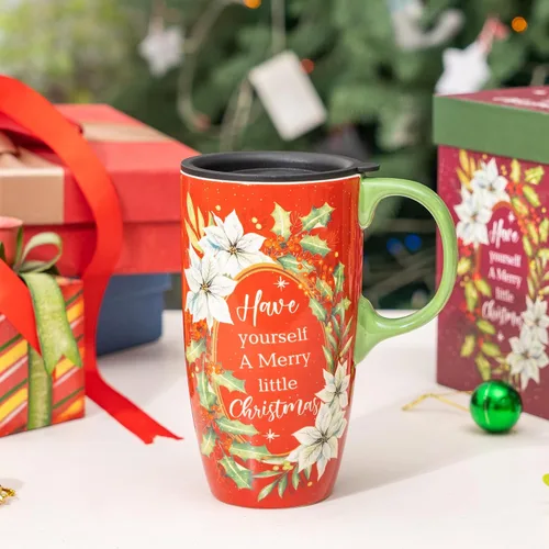 Vista 4 de Topadorn Taza de café de cerámica de 17 onzas con tapa y caja de regalo, taza de té de porcelana roja festiva, apta para microondas y lavavajillas