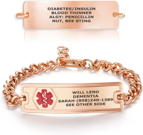 Vista 11 de Pulsera de Alerta de Identificación Médica Grabada Personalizada, Condiciones Personalizadas de 4 Líneas Cadena de Cuerda de Acero Inoxidable