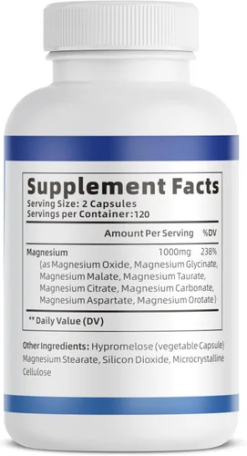 Vista 9 de Cápsulas complejas de magnesio de 1000 mg, glicinato de magnesio 8 en 1, citrato, malato, taurato, óxido, carbonato, aspartato, orrotato - 240