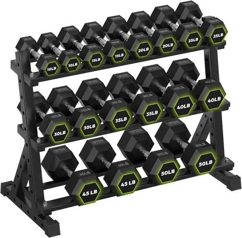 Vista 22 de HANDBODE Dumbbell Set with Rack, Rubber Coated Fixed Dumbbells 360-790 lbs Heavy Duty Hexagonal Weights, Non-Roll Hexagon Shape for Stability