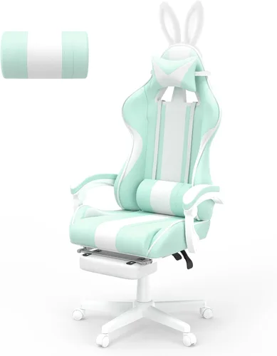 Vista 10 de Ferghana Kawaii - Silla de juegos azul claro con orejas de conejo, ergonómica y bonita silla para jugadores con reposapiés y masaje, silla
