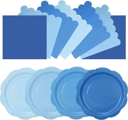 Vista 8 de Platos y servilletas de papel azul, incluye 24 platos azules degradados de 9 pulgadas, servilletas, tenedores, suministros de fiesta