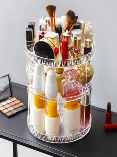 Vista 2 de PJLANDI Organizador de maquillaje giratorio de acrílico 360, soporte de almacenamiento cosmético estante Perfume en tocador de baño