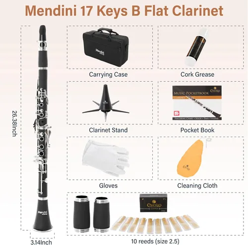 Vista 6 de Mendini by Cecilio Clarinete plano B para principiantes, clarinete Ebonite Bb con 2 barriles reemplazables, 10 cañas, soporte, bolsillo, boquilla