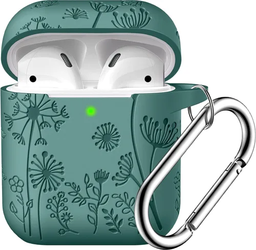 Vista 18 de Lerobo - Funda con grabado de flores para carcasa de AirPod, protector de silicona suave y elegante con llavero compatible con carcasa de carga
