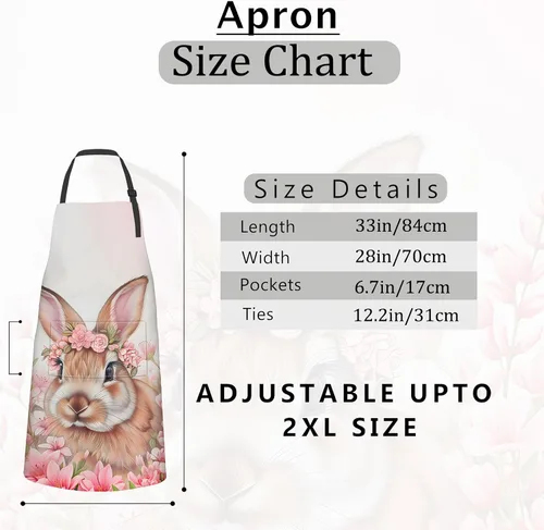 Vista 2 de Floral Bunny Apron Cute Rabbit in Pink Blossoms Artwork Aprons Waterproof Oxford Polyester Adjustable Pockets Design