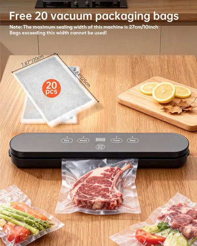 Vista 8 de Máquina selladora al vacío de 75 kPa, sellador al vacío compacto para alimentos, sellador de alimentos 4 en 1, temporizador digital, húmedo/seco
