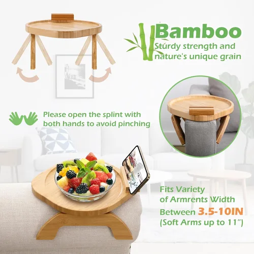 Vista 2 de SINWANT Mesa de brazo para sofá, bandeja redonda de bambú con clip para sofá con soporte para teléfono de 360°, mesa plegable para reposabrazos