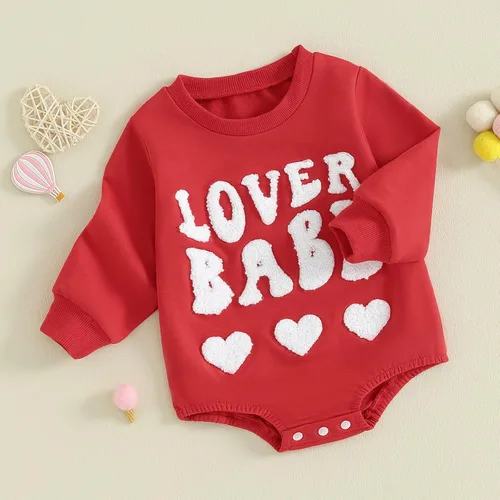 Vista 74 de SOLILOQUY Traje de manga larga con cuello redondo para el primer día de San Valentín para bebé niño y niña, mameluco de corazón de amor