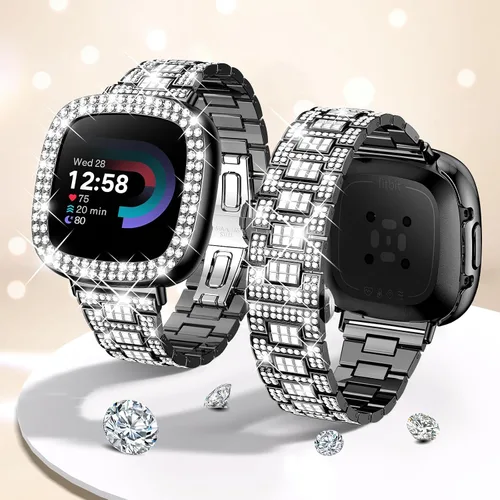 Vista 7 de Dsytom Bling Banda de Reloj Elegante Compatible con Fitbit Versa 4, Sense 2, Versa 3, Sense - Correa Linda con Funda Protectora de Rinstone