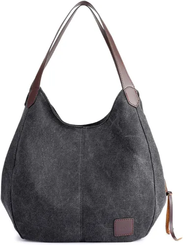 Vista 7 de DOURR Bolso de hombro con múltiples bolsillos para mujer, bolso de lona de algodón de moda