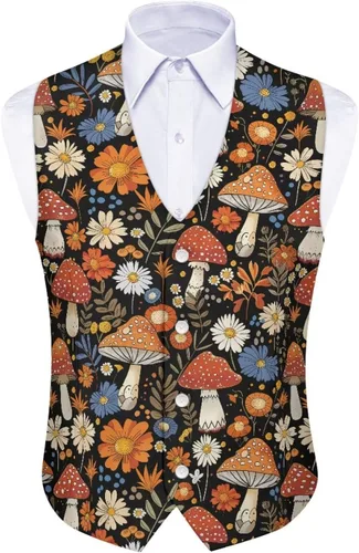 Vista 5 de TODIYADDU Single Breasted Sleeveless Vest for Men Tuxedo Vest Mushroom