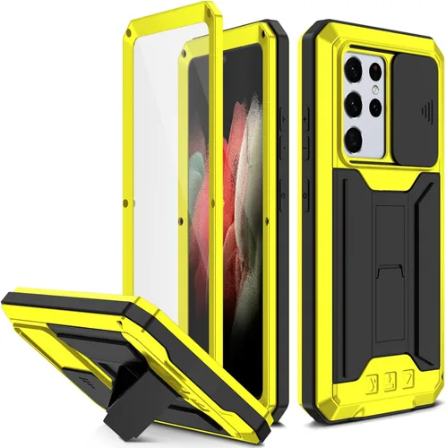 Vista 13 de Funda rígida de metal compatible con Samsung Galaxy S21 Ultra con protector de pantalla y protector de lente, resistente a prueba de polvo de grado
