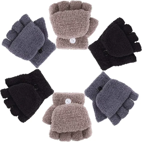 Vista 5 de 3 pares de guantes sin dedos para niños, guantes convertibles con tapa abatible, guantes de punto suave de invierno para niños y niñas