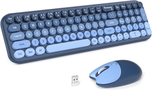 Vista 9 de MOFII Combo de teclado y mouse inalámbricos, máquina de escribir compacta, juego de teclado y mouse redondos retro, Plug and Play, para Windows