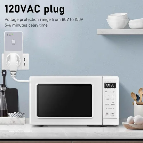 Vista 6 de Protector de voltaje para refrigerador, enchufe de relé, rango de 80 V-150 V, retardo de 5 a 6 minutos, material de PC, enchufe estadounidense