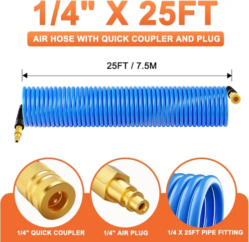 Vista 2 de GASHER Manguera de aire de retroceso de poliuretano de 1/4" x 25FT con restrictor de curva, acoplador rápido industrial de 1/4" y enchufe