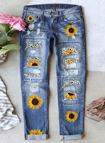 Vista 2 de Astylish - Pantalones de mezclilla ajustados para mujer, desgastados, elastizados, con parches a cuadros, rasgados, con agujeros, estilo masculino